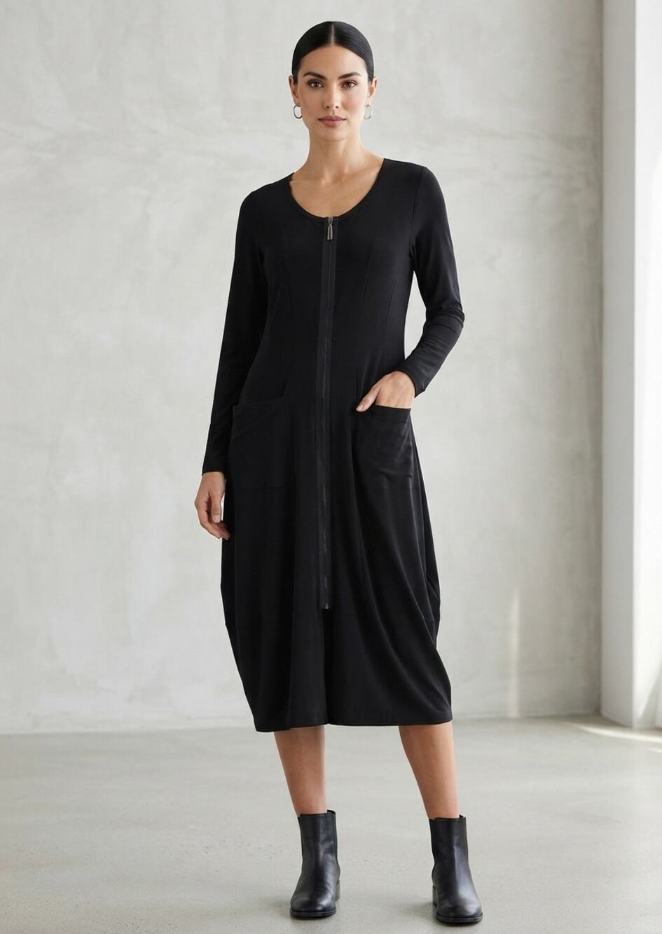 SUN KIM Black Full Zip Long Sleeve Pocket Midi Lagenlook Dress Size L EUC